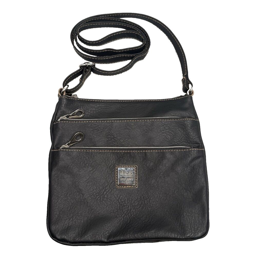 Relic Black Faux Leather Crossbody Organizer Purse Silver Hardware 9x9x1" EUC